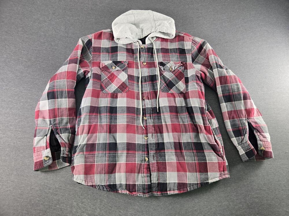 Wrangler Authentics Jacket Mens Large Red Plaid Hooded Quilted Flannel Shacket